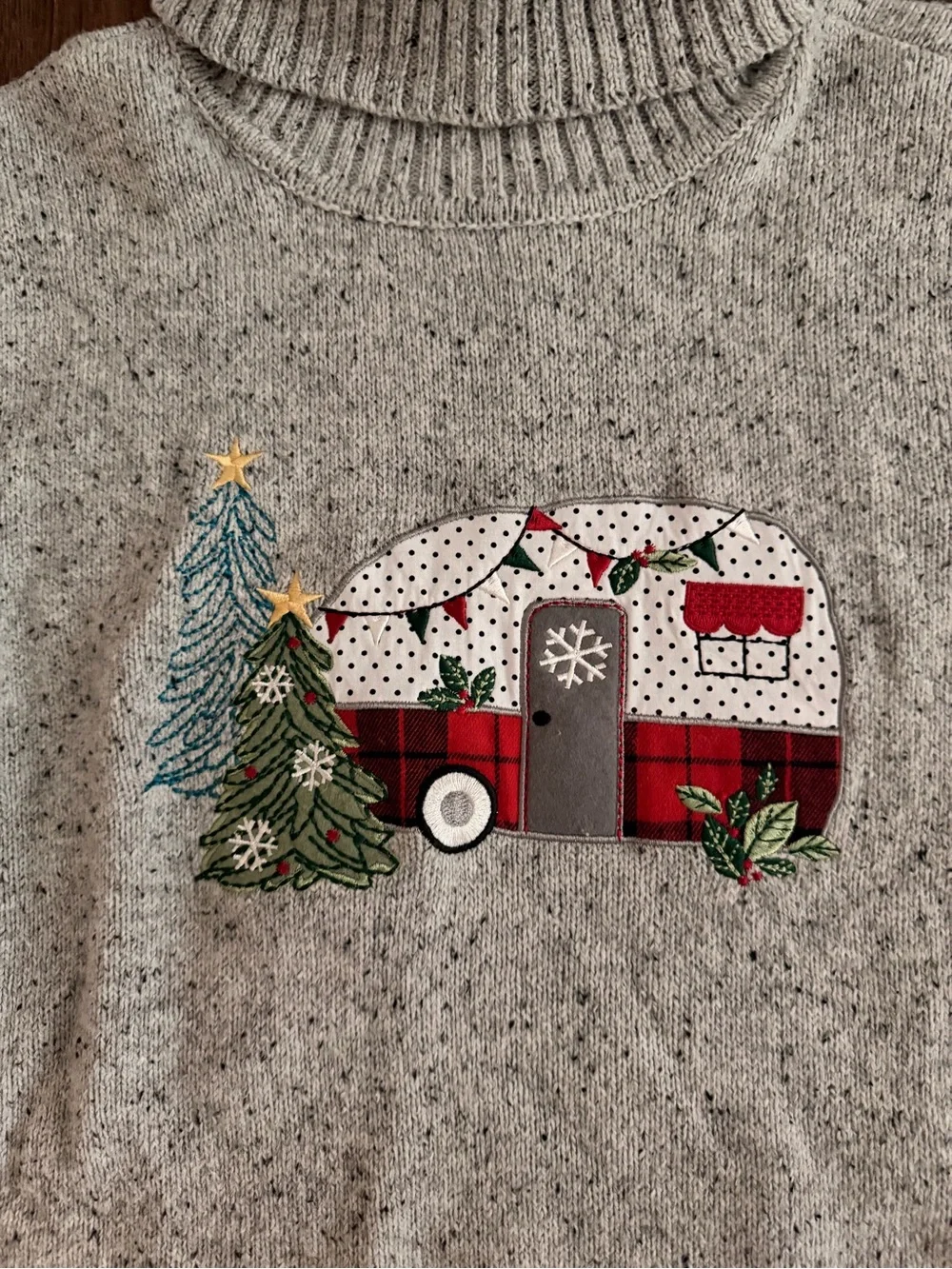 Vintage Christopher & Banks Christmas Camper Sweater Cowl Neck Gray Knit